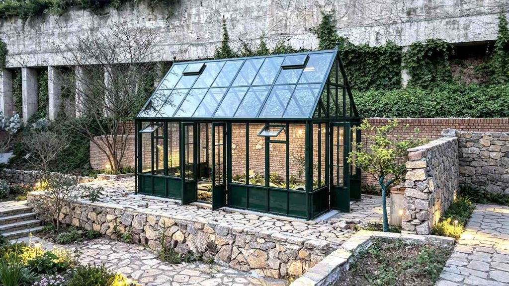 Victorian style greenhouse with heavy‑duty steel structure frame RAL6005 moss‑green, insulated glass panels in private stone garden
